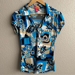 Catch My i Vintage Y2K Blue Retro Geometric Floral Short Sleeve Vneck Polo Shirt